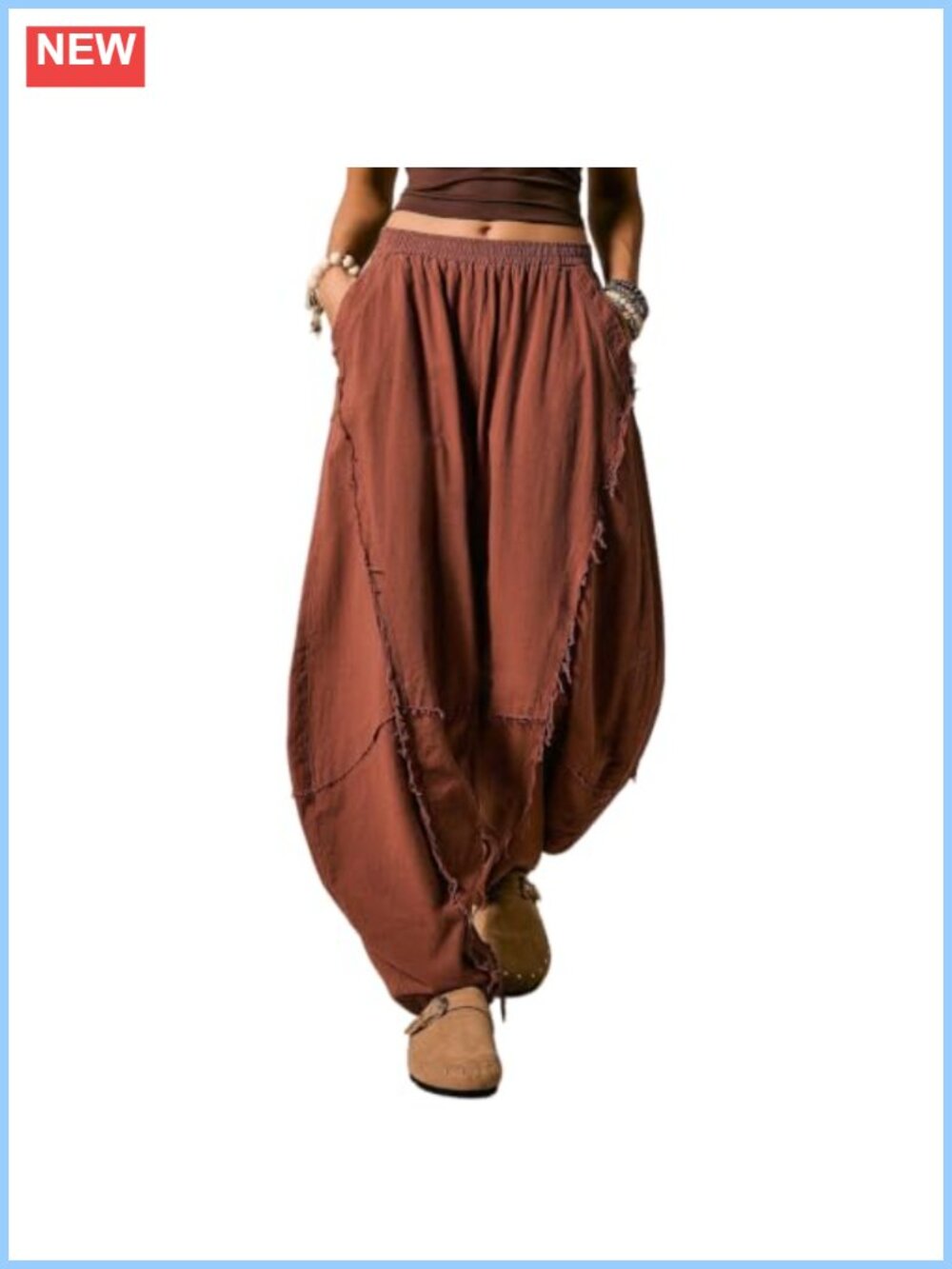 Women's Wide Leg Palazzo Pants Retro Frayed Hem Elastic Waist Bohemian